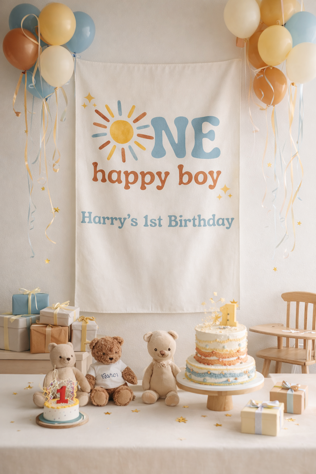 Birthday celebration with 'Happy Boy' banner, balloons, and teddy bears.