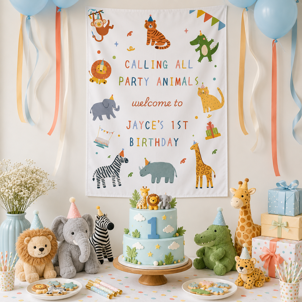 Children's birthday party setup with cake, balloons, and decorations.