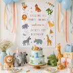 Children's birthday party setup with cake, balloons, and decorations.