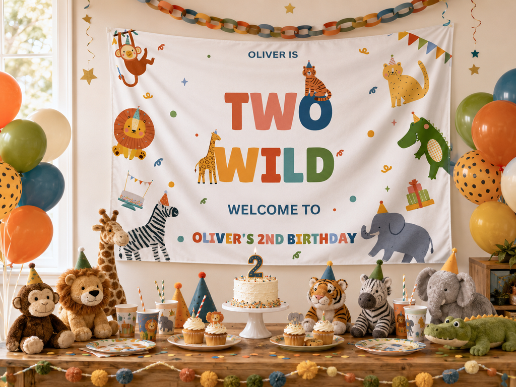 Two Wild birthday party setup with colorful decorations, balloons, and animal-themed items.