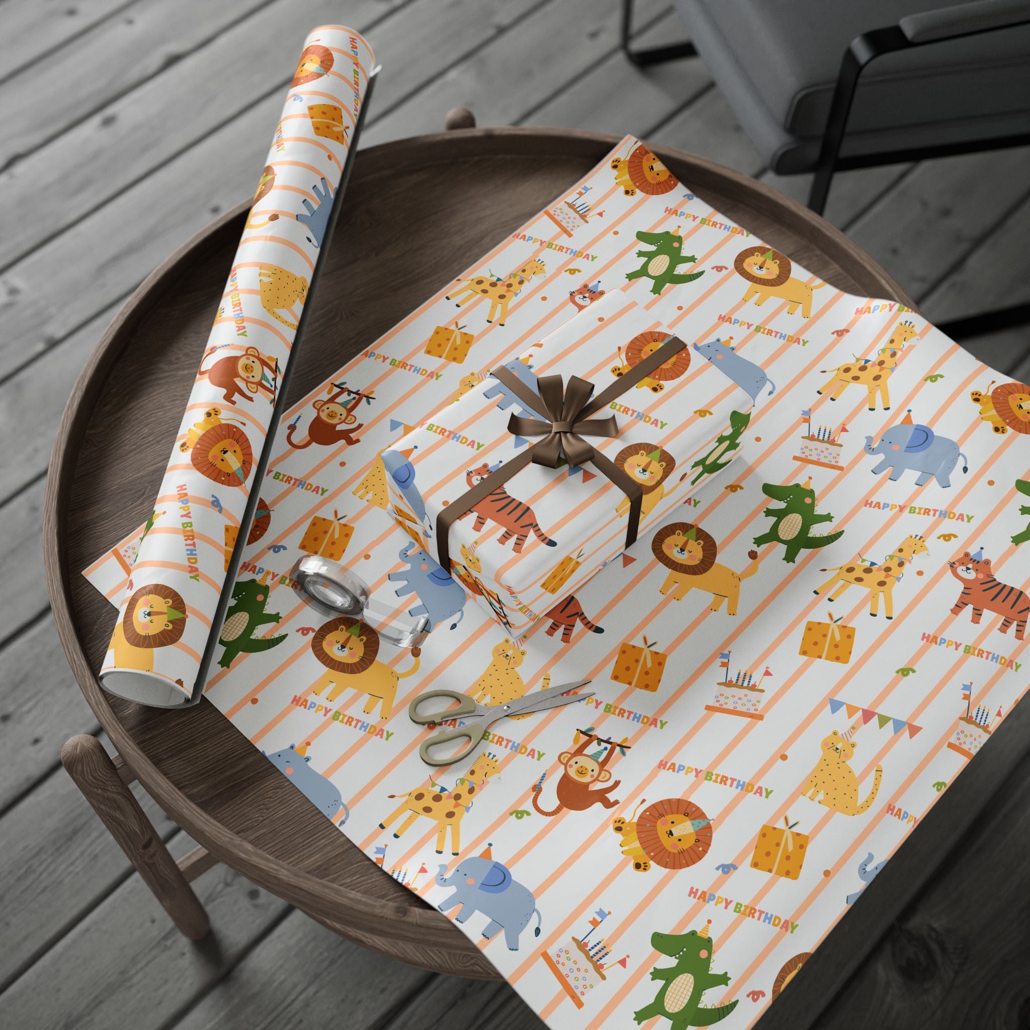 Gift wrap with animal pattern on a wooden table