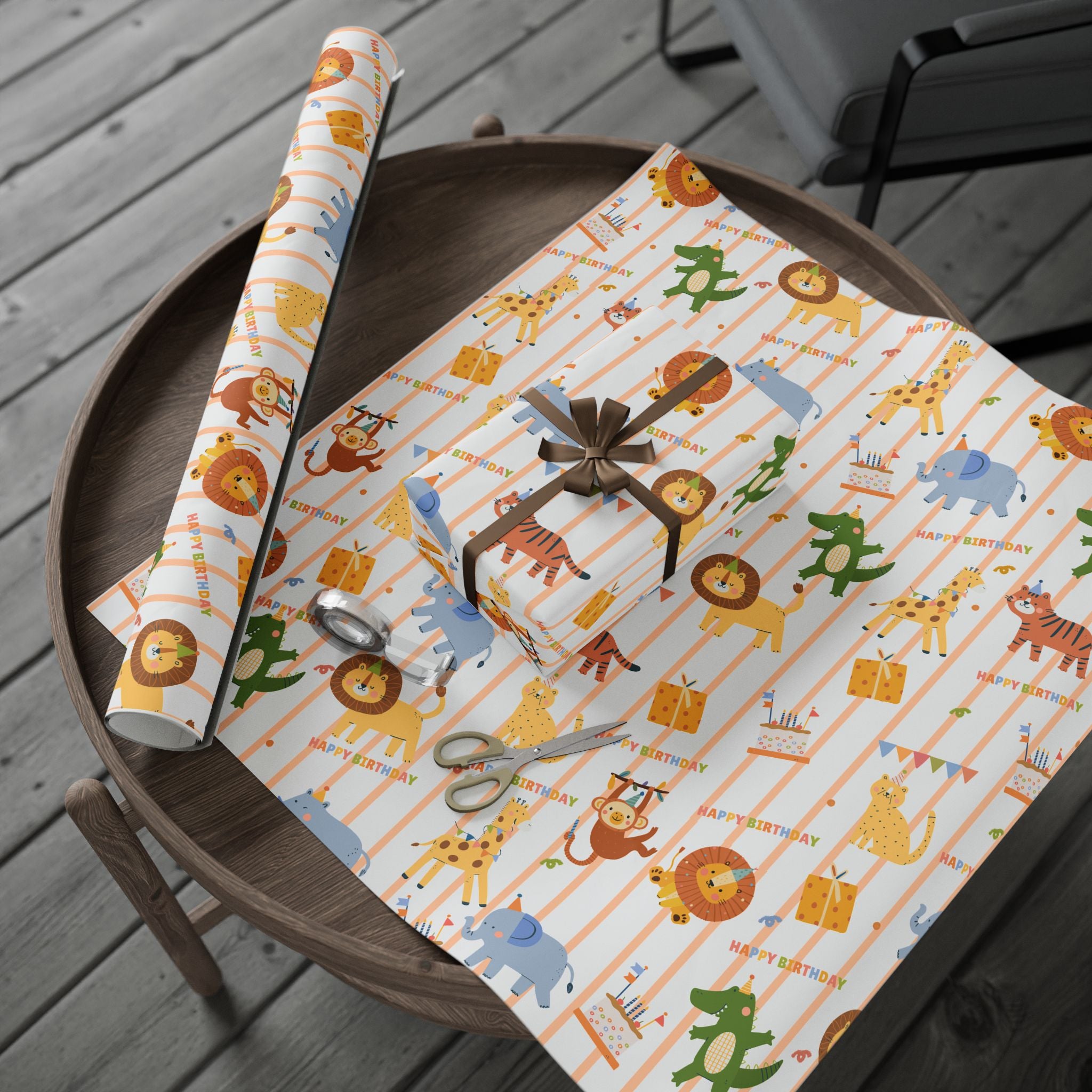 Gift wrap with animal pattern on a wooden table