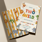Two children's party invitations with animal-themed designs on a beige background