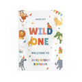 Birthday card with colorful animal illustrations and text on a white background