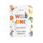 Birthday card with colorful animal illustrations and text on a white background