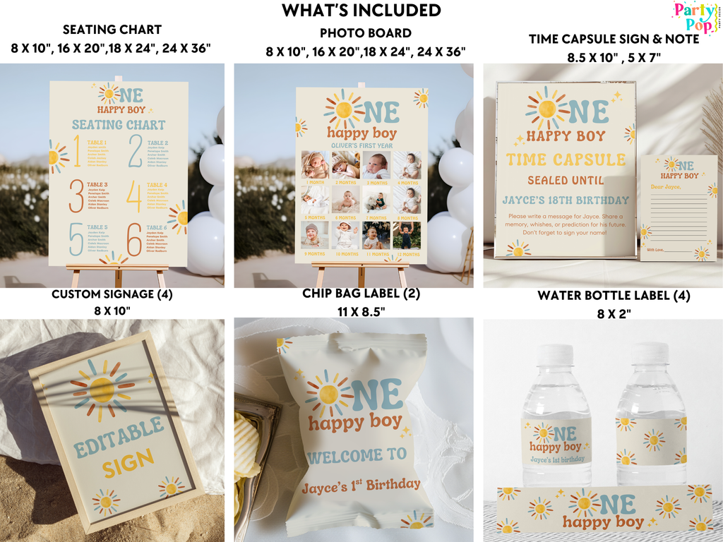 Collection of birthday party printables including seating chart, photo board, time capsule sign, and various labels.