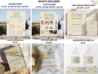 Collection of birthday party printables including seating chart, photo board, time capsule sign, and various labels.