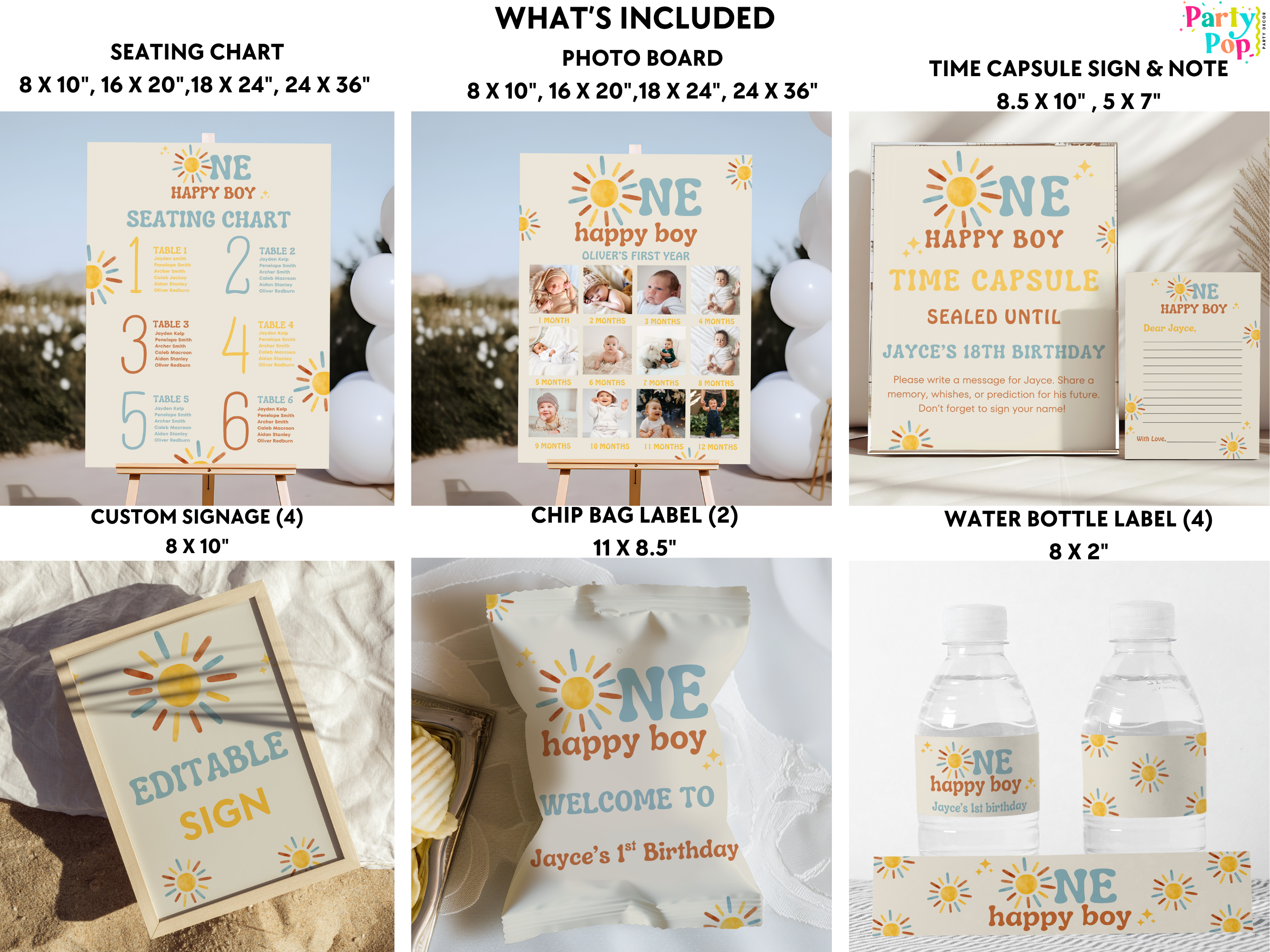 Collection of birthday party printables including seating chart, photo board, time capsule sign, and various labels.