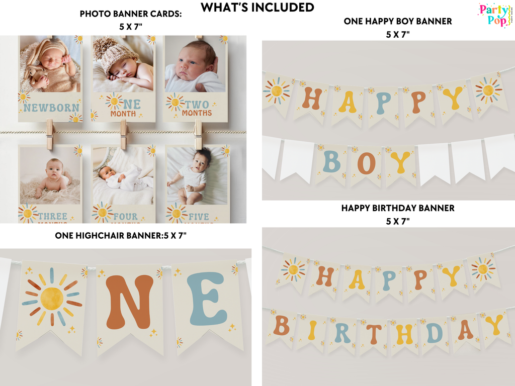 Collection of baby milestone cards and birthday banners with text and graphics.