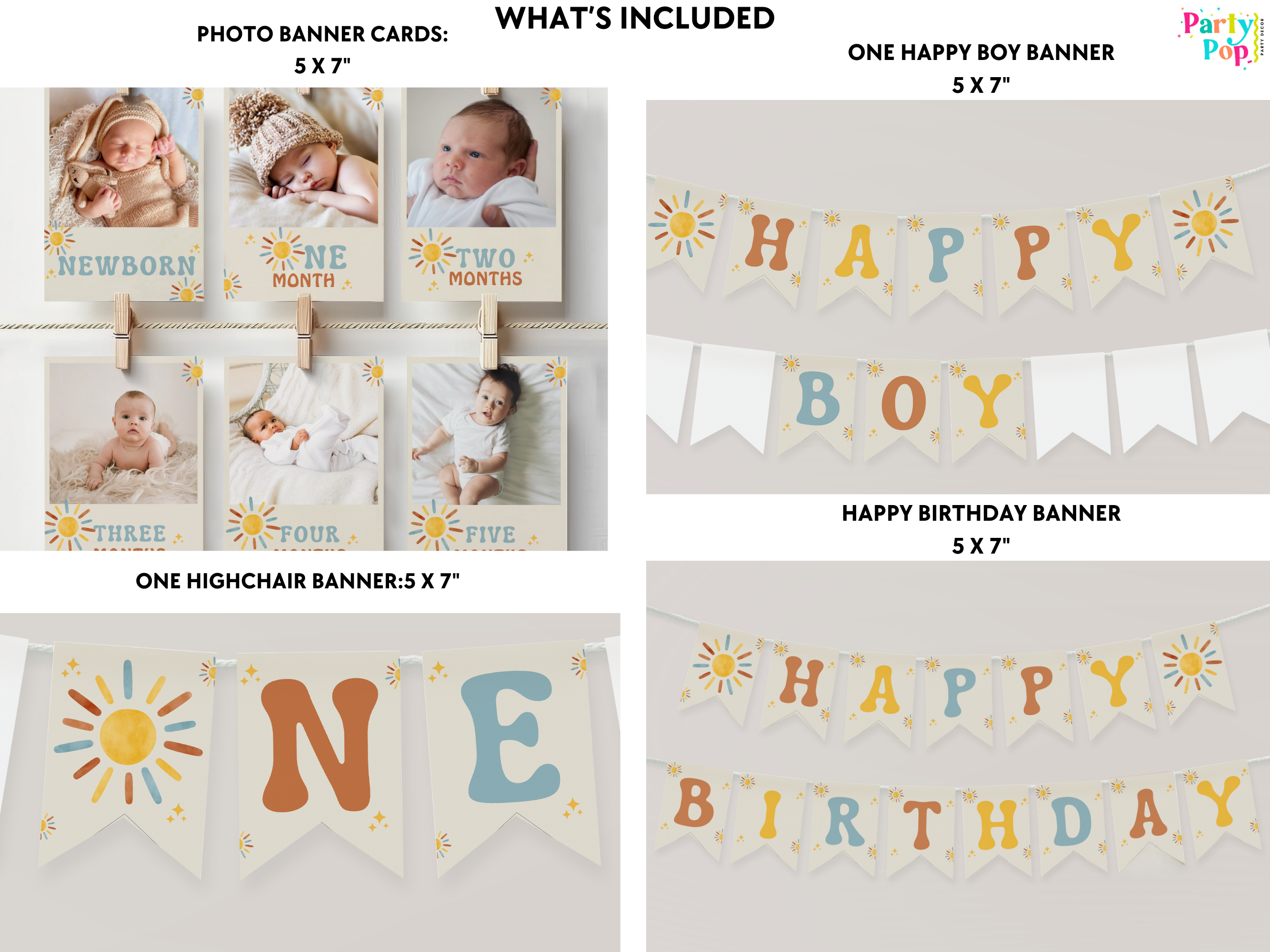 Collection of baby milestone cards and birthday banners with text and graphics.