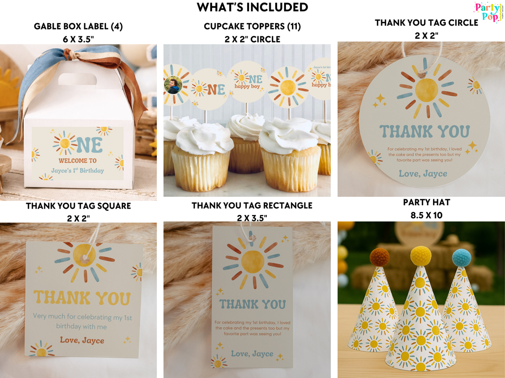 Collection of birthday party supplies including gift boxes, cupcake toppers, and thank you tags.