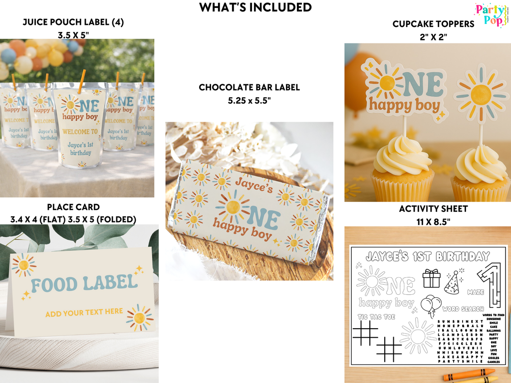 Collection of birthday party supplies including juice pouch labels, cupcake toppers, and activity sheets.