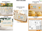 Collection of birthday party supplies including juice pouch labels, cupcake toppers, and activity sheets.