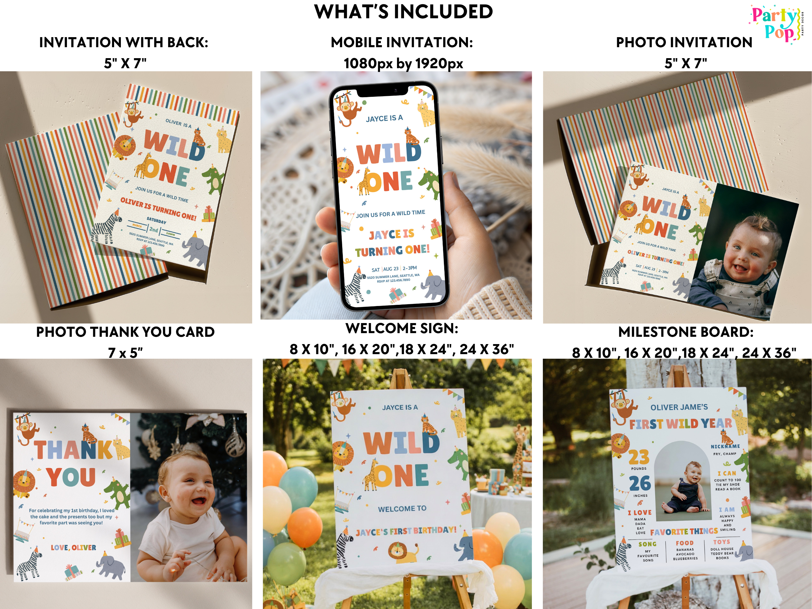 Collection of Wild One birthday party invitations, thank you cards, and milestone boards with various sizes and formats.