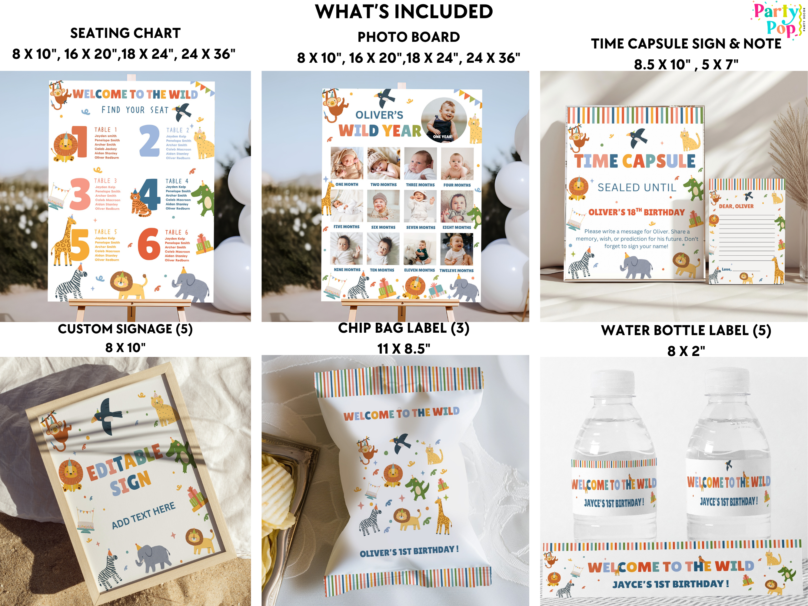 Collection of party planning items including signs, photo boards, and labels for a themed birthday party.