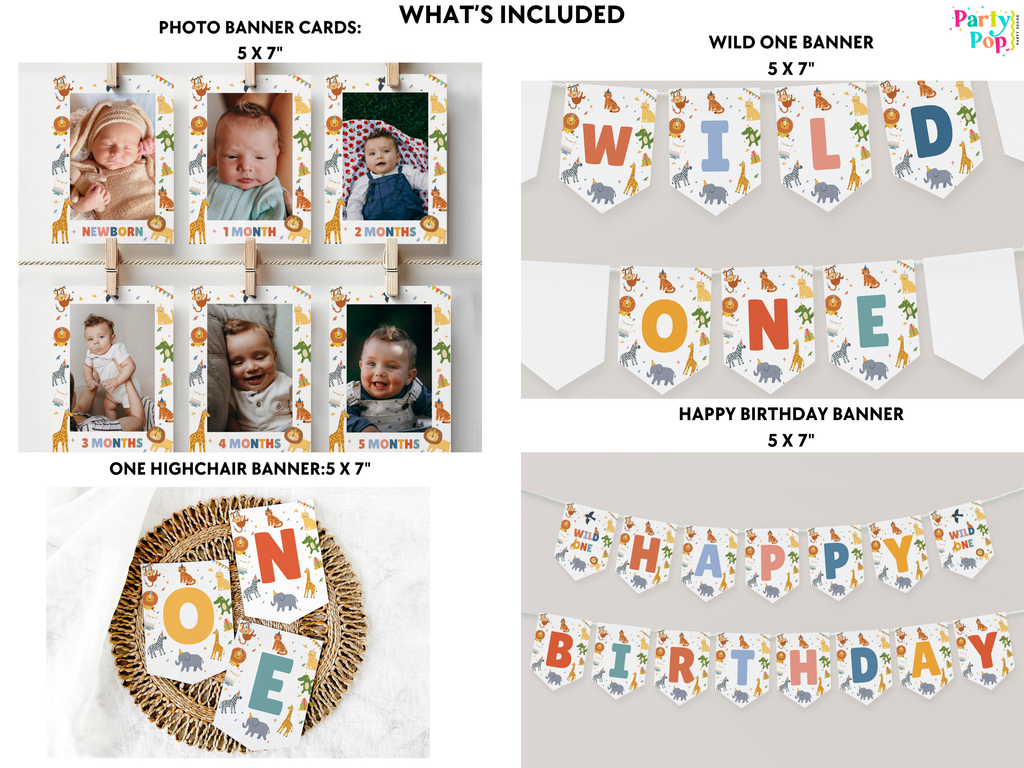 Collection of birthday party decorations including photo banner cards, wild one banner, highchair banner, and happy birthday banner.