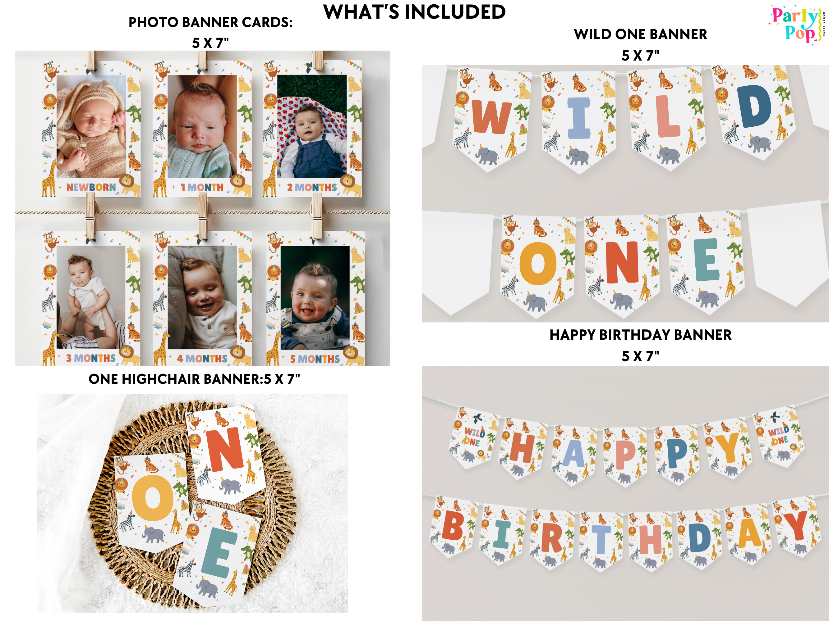 Collection of birthday party decorations including photo banner cards, wild one banner, highchair banner, and happy birthday banner.