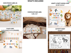 Collection of party supplies including juice pouch labels, chocolate bar label, place card, and activity sheet with animal-themed designs.