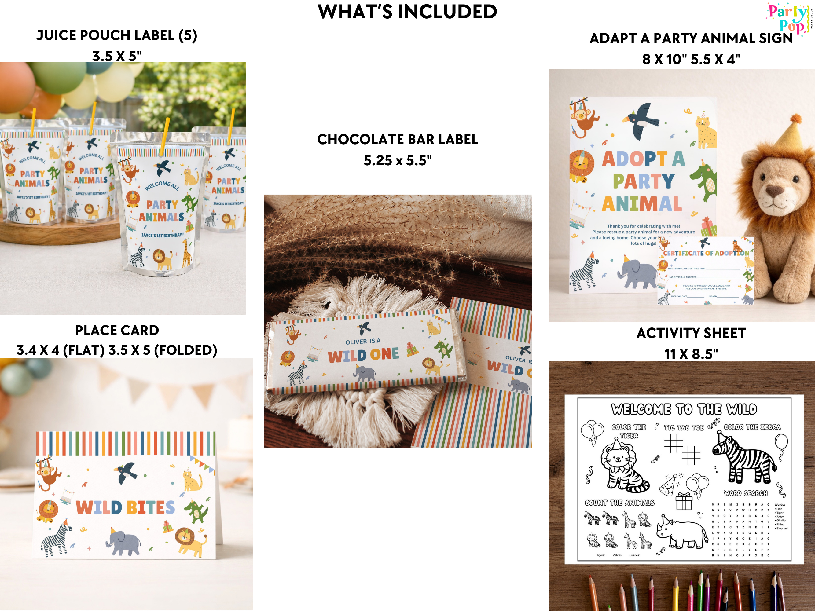 Collection of party supplies including juice pouch labels, chocolate bar label, place card, and activity sheet with animal-themed designs.