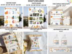 A collage showing a children's safari-themed party decoration kit with multiple printed items: a seating chart, photo board, time capsule sign and note, custom signage, chip bag label, and water bottle labels. The designs feature cartoon animals, stripes, and birthday text, with some items shown assembled and others as flat printed previews.