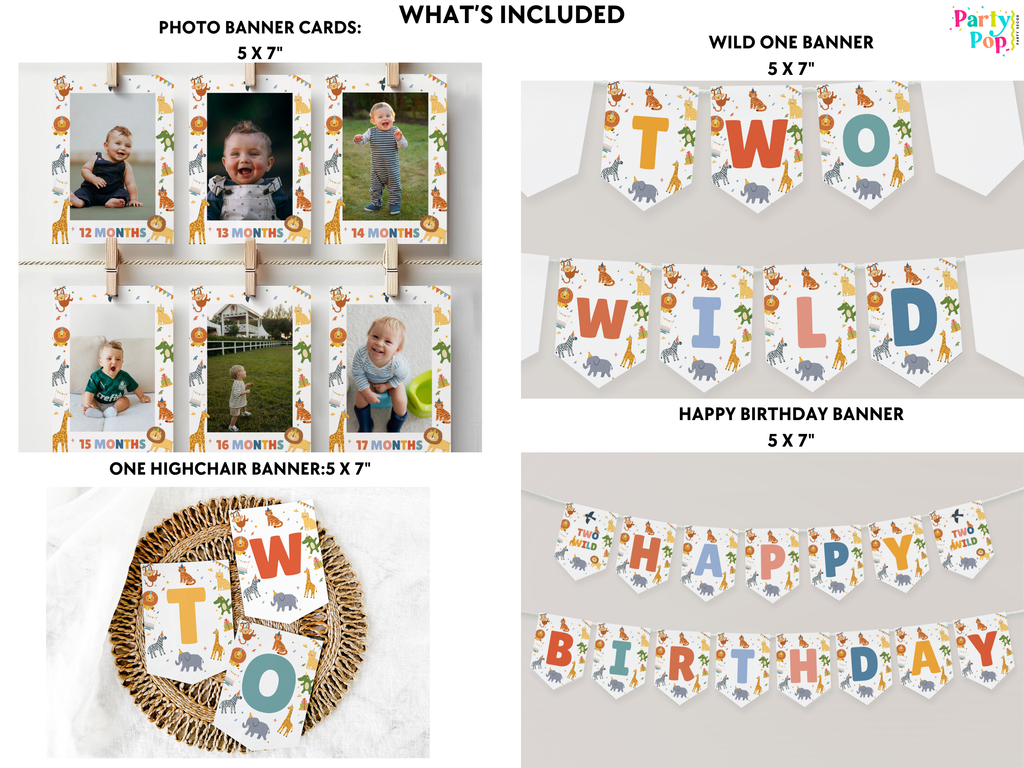 A collage showing safari-themed party decoration products and included photo banner cards: photo banner cards with sample photos, wild one banner letters, one highchair banner, and a happy birthday banner, all arranged on a light neutral background with text labels.