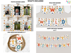A collage showing safari-themed party decoration products and included photo banner cards: photo banner cards with sample photos, wild one banner letters, one highchair banner, and a happy birthday banner, all arranged on a light neutral background with text labels.