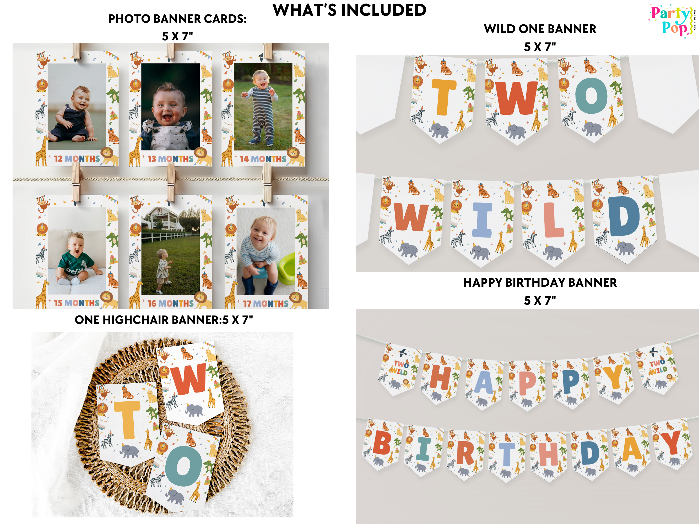 A collage showing safari-themed party decoration products and included photo banner cards: photo banner cards with sample photos, wild one banner letters, one highchair banner, and a happy birthday banner, all arranged on a light neutral background with text labels.