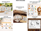 A collage showing included items for a safari-themed party favor set: juice pouch labels, a chocolate bar label, a place card, an activity sheet, and an adopt-a-party animal sign, with a plush lion on a wood surface. Text labels identify each included item.