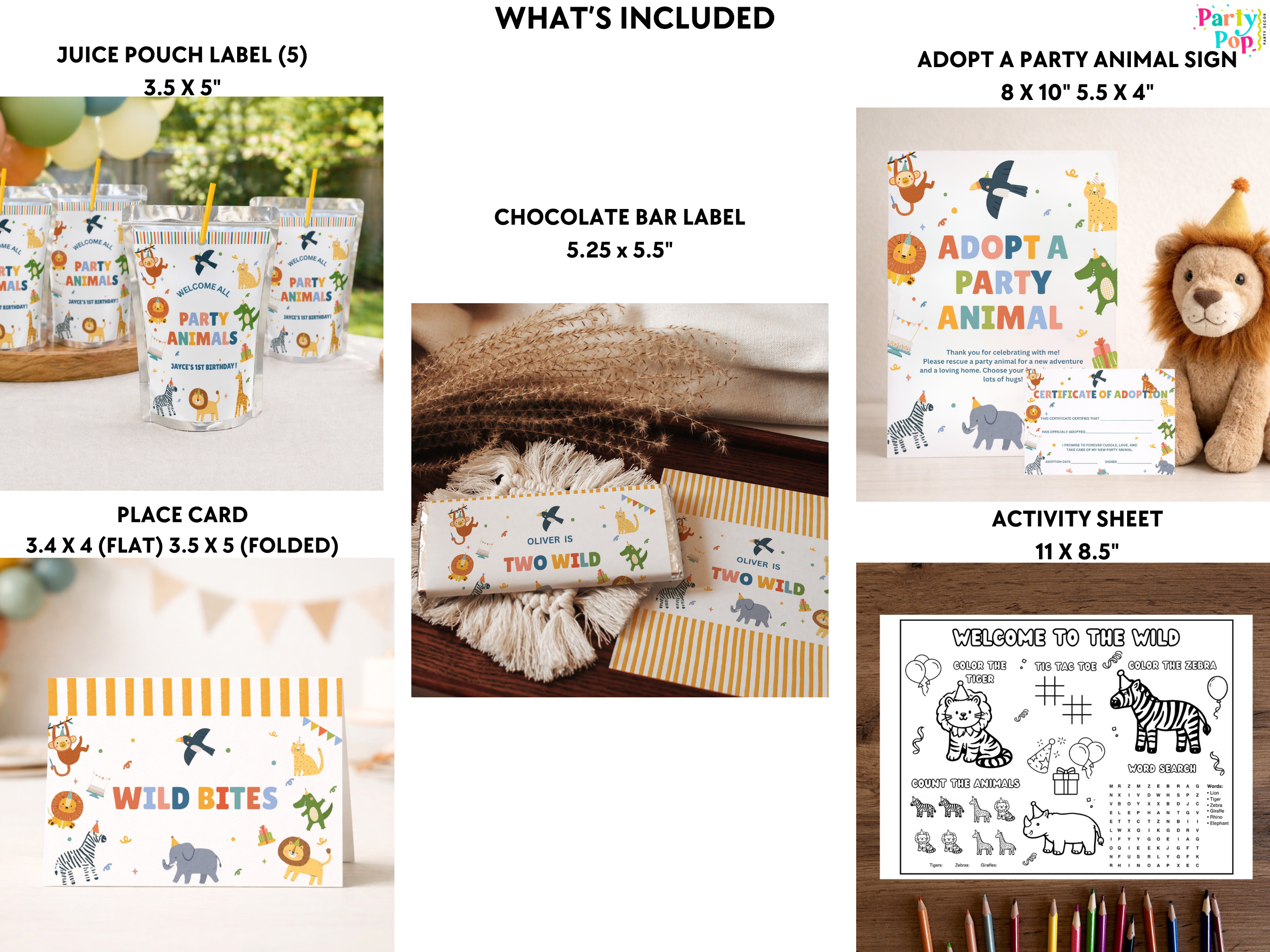 A collage showing included items for a safari-themed party favor set: juice pouch labels, a chocolate bar label, a place card, an activity sheet, and an adopt-a-party animal sign, with a plush lion on a wood surface. Text labels identify each included item.