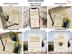 Collection of birthday party invitations and related items with a child's photo and 'ONE happy boy' text.
