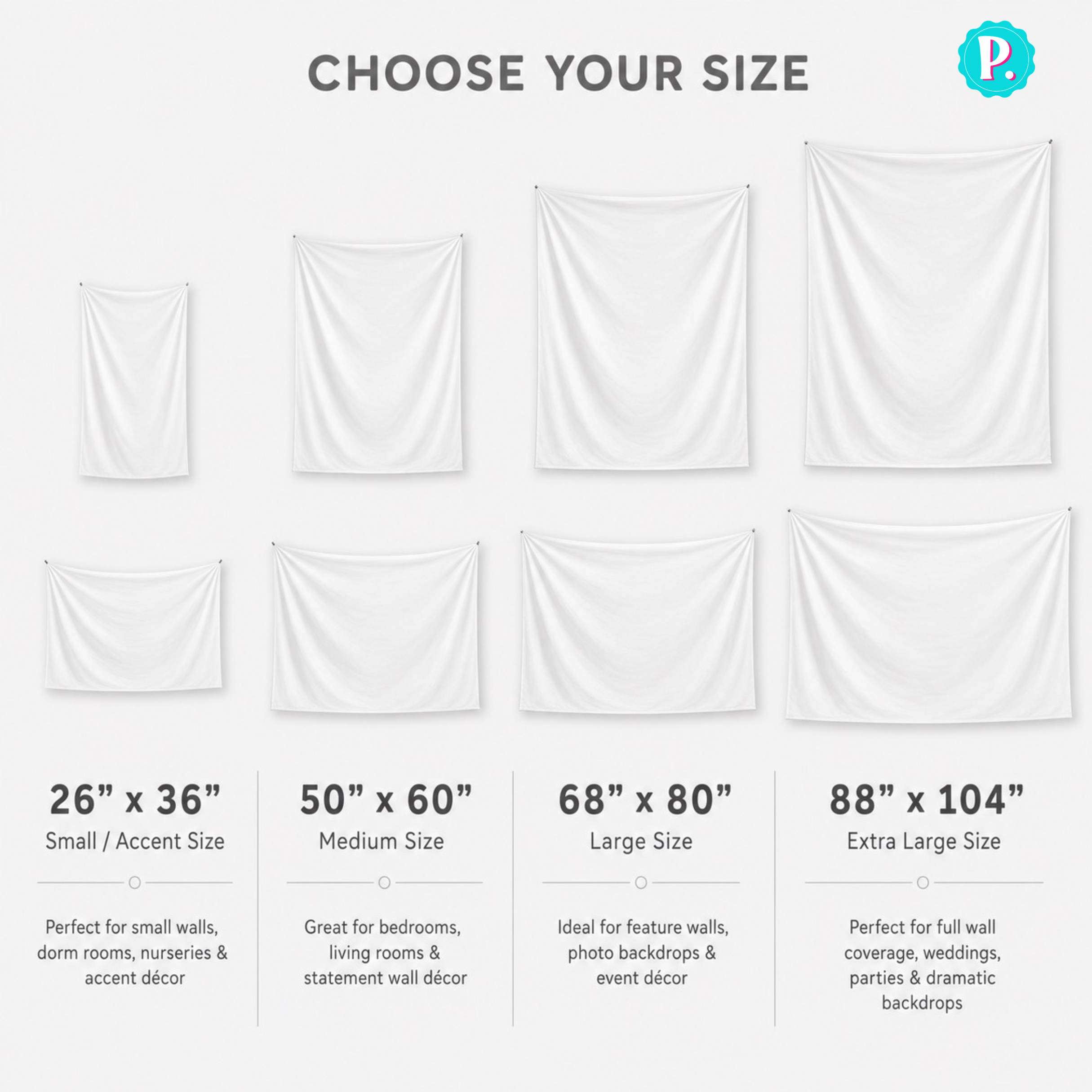 White backdrop options with size chart on a white background