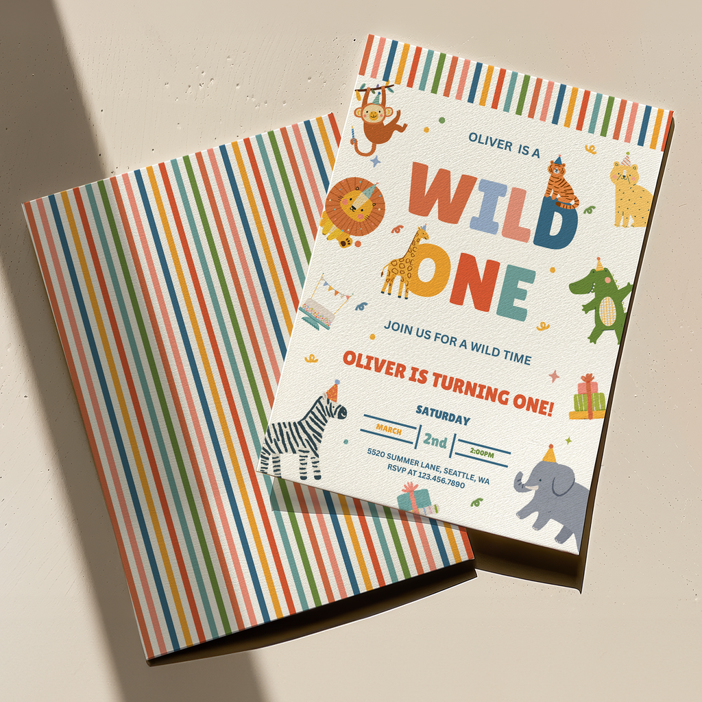 Colorful 'Wild One' birthday invitation with animal illustrations on a striped background.