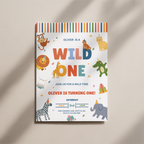 Children's birthday party invitation with colorful animal illustrations on a beige background