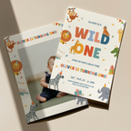 Children's birthday invitation with animal-themed design on a beige surface