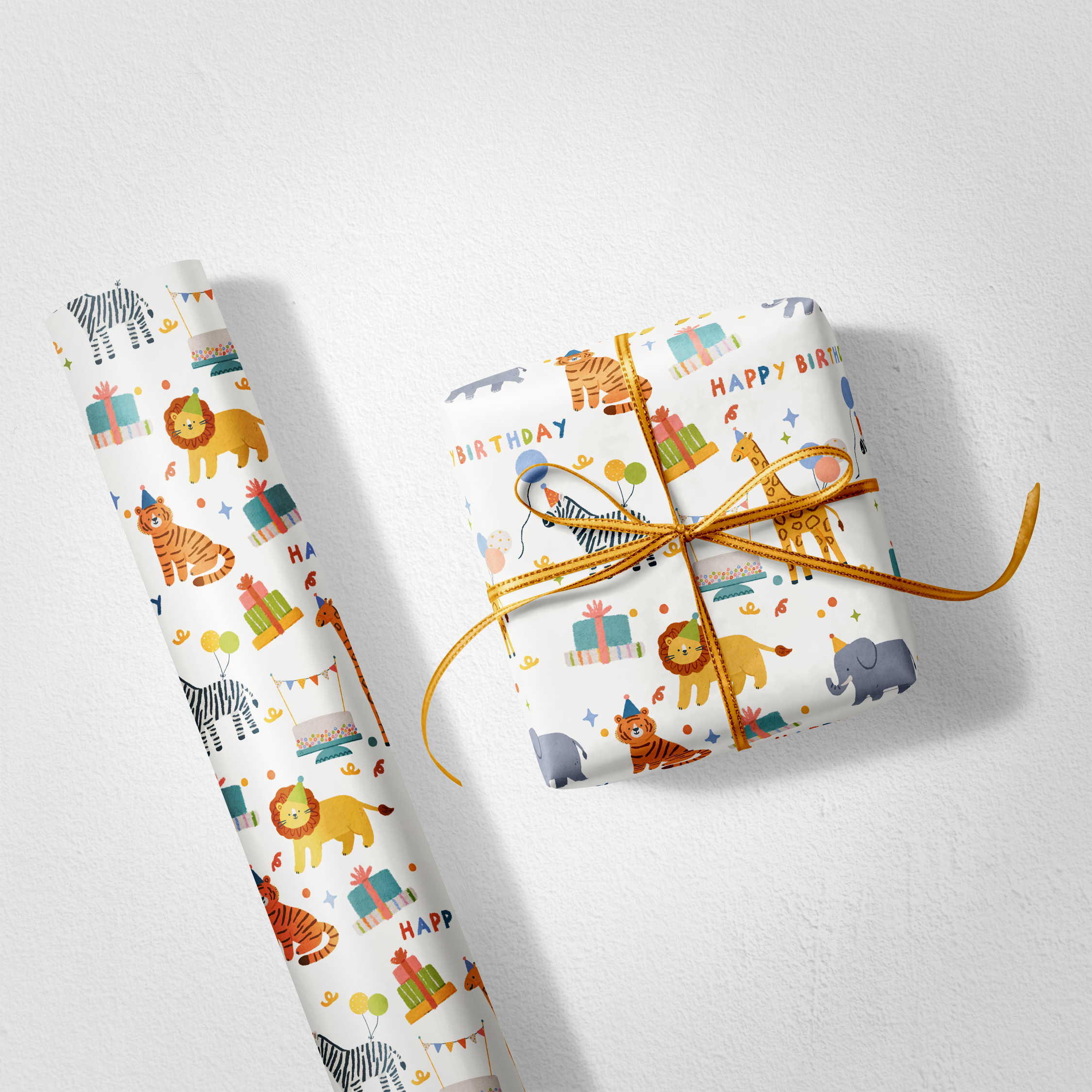 Gift wrap with animal and birthday designs on a white background