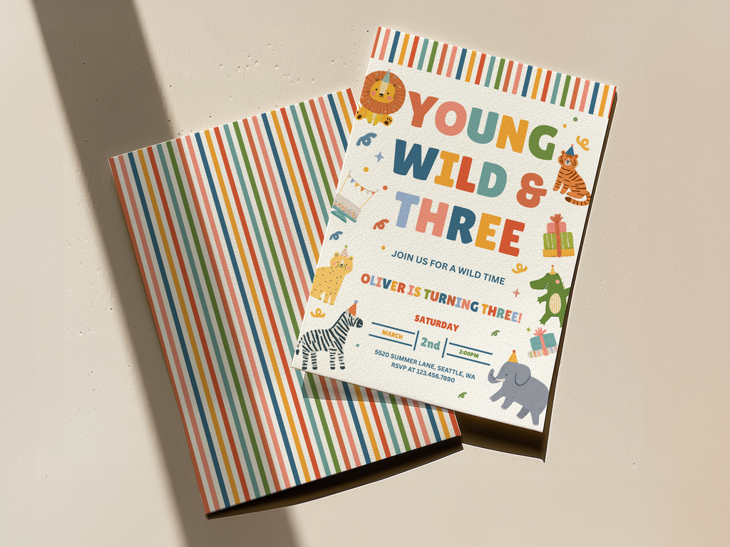 Colorful birthday invitation with animal illustrations on a striped background