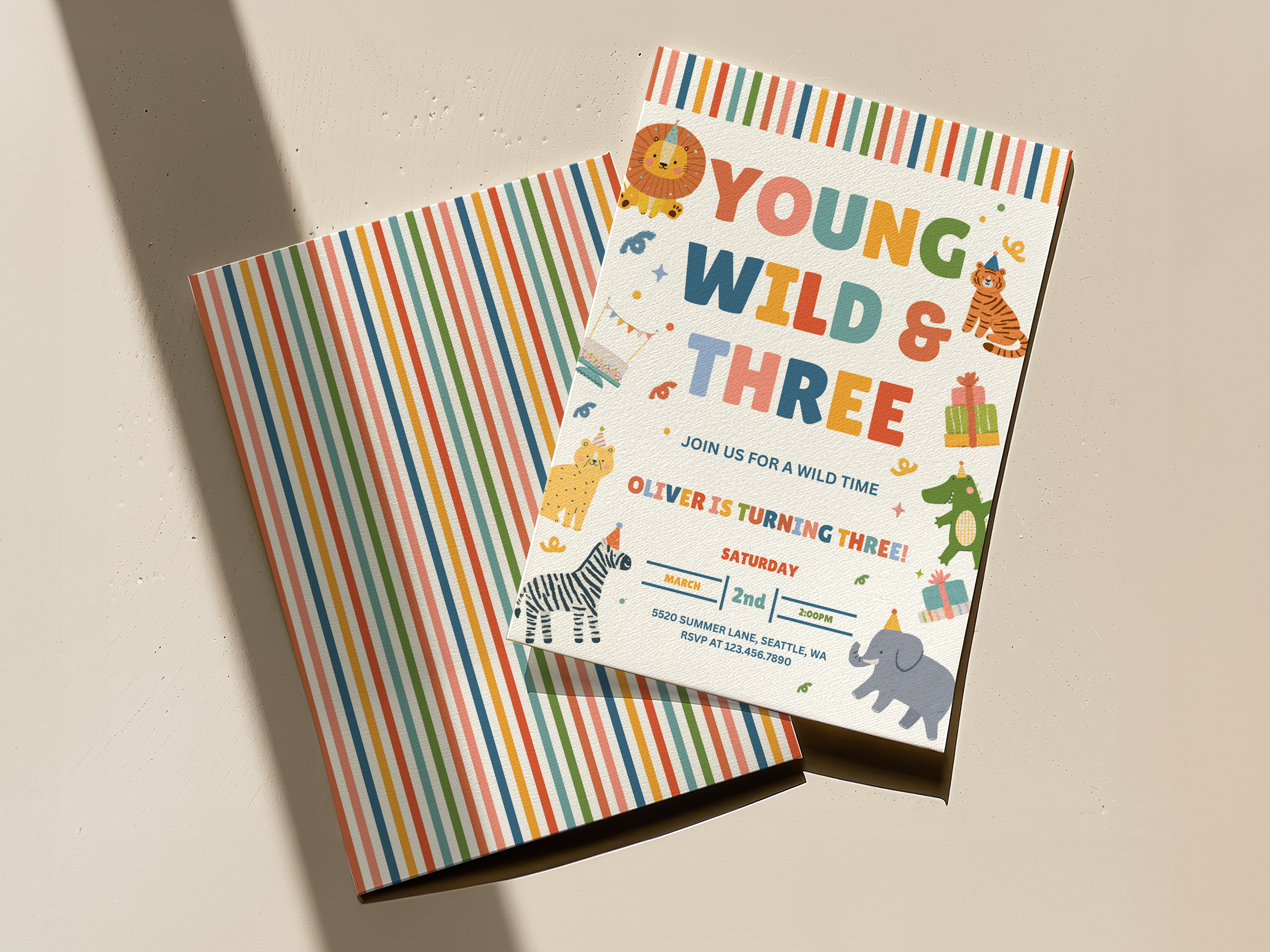 Colorful birthday invitation with animal illustrations on a striped background