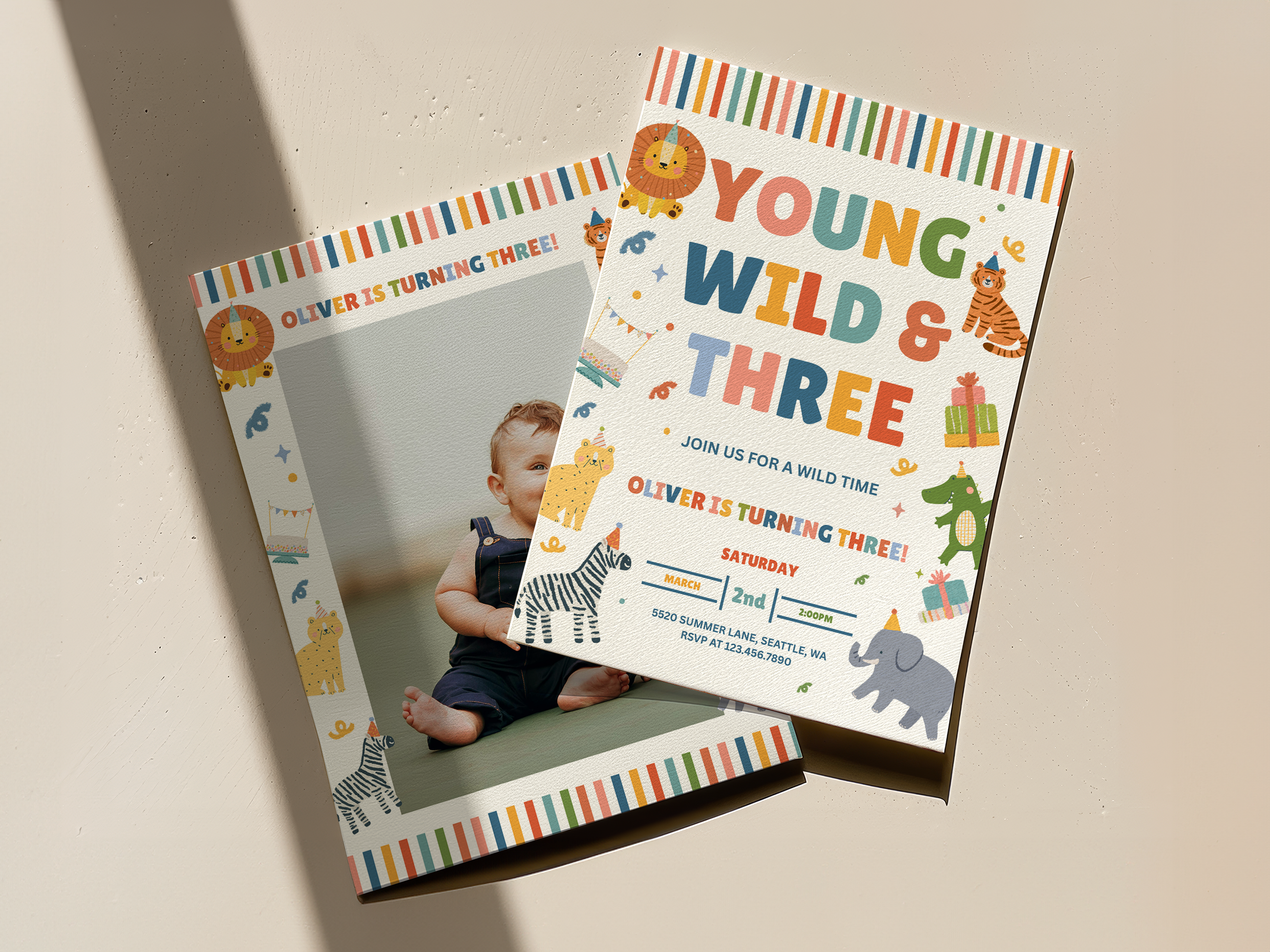 Children's birthday invitation with colorful design and photo frame on a neutral background