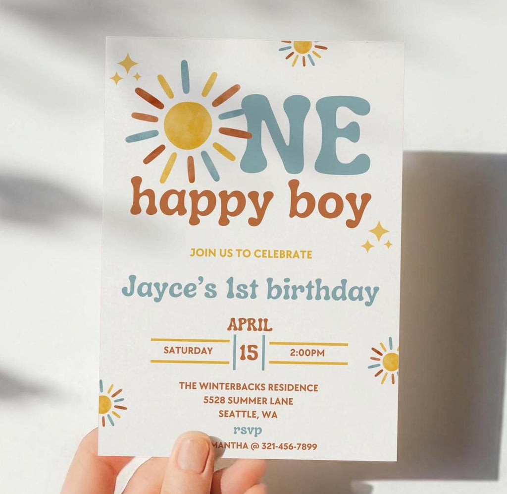 One Happy Boy Birthday Invitation - Boho Sunshine Theme - Digital Download