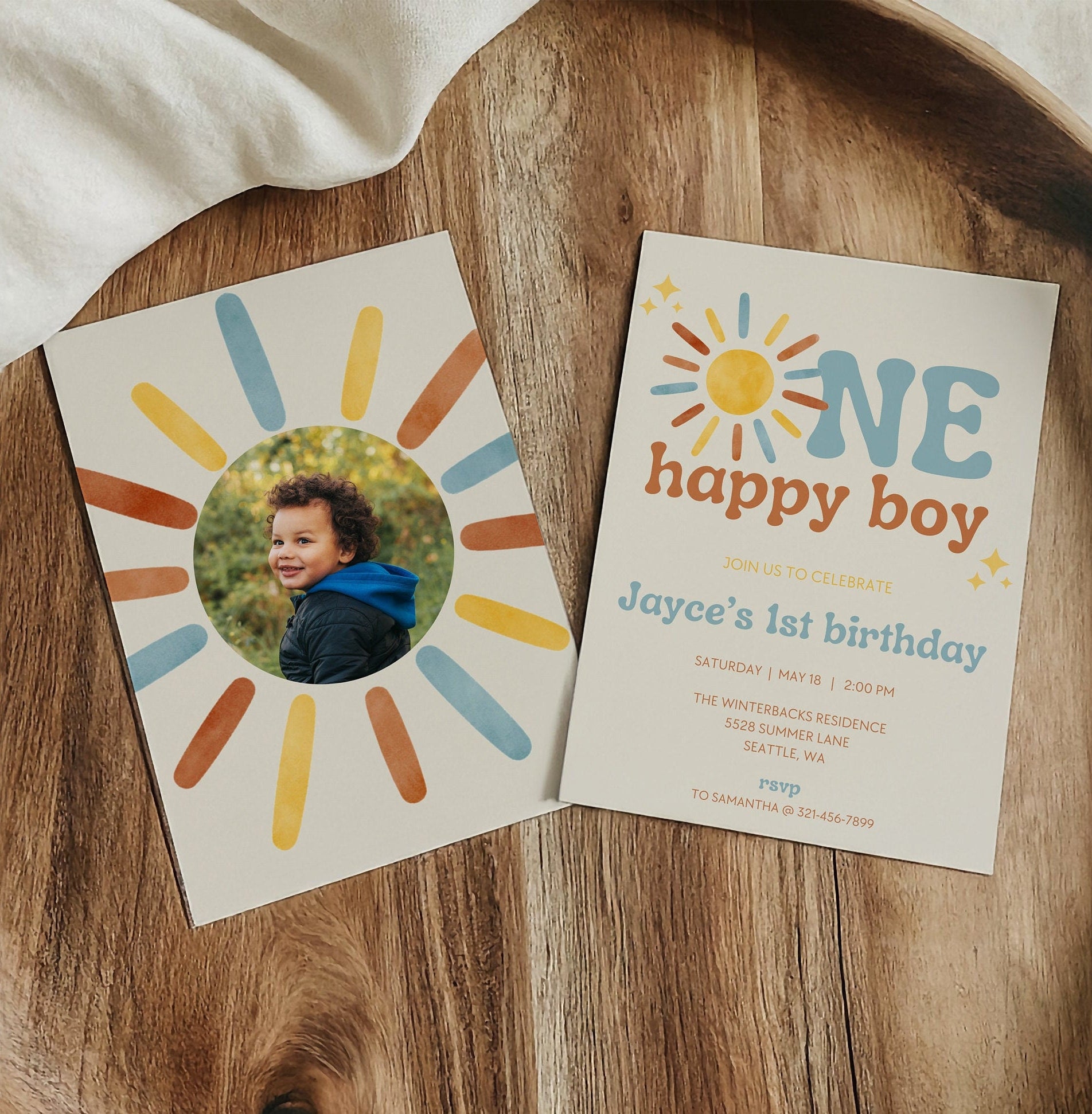 First Trip Around The Sun - One Happy Boy Birthday Invitation - Digital Download