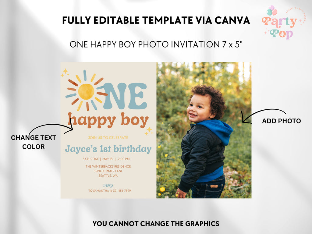 One Happy Boy 1st Birthday Photo Invitation - Digital Download