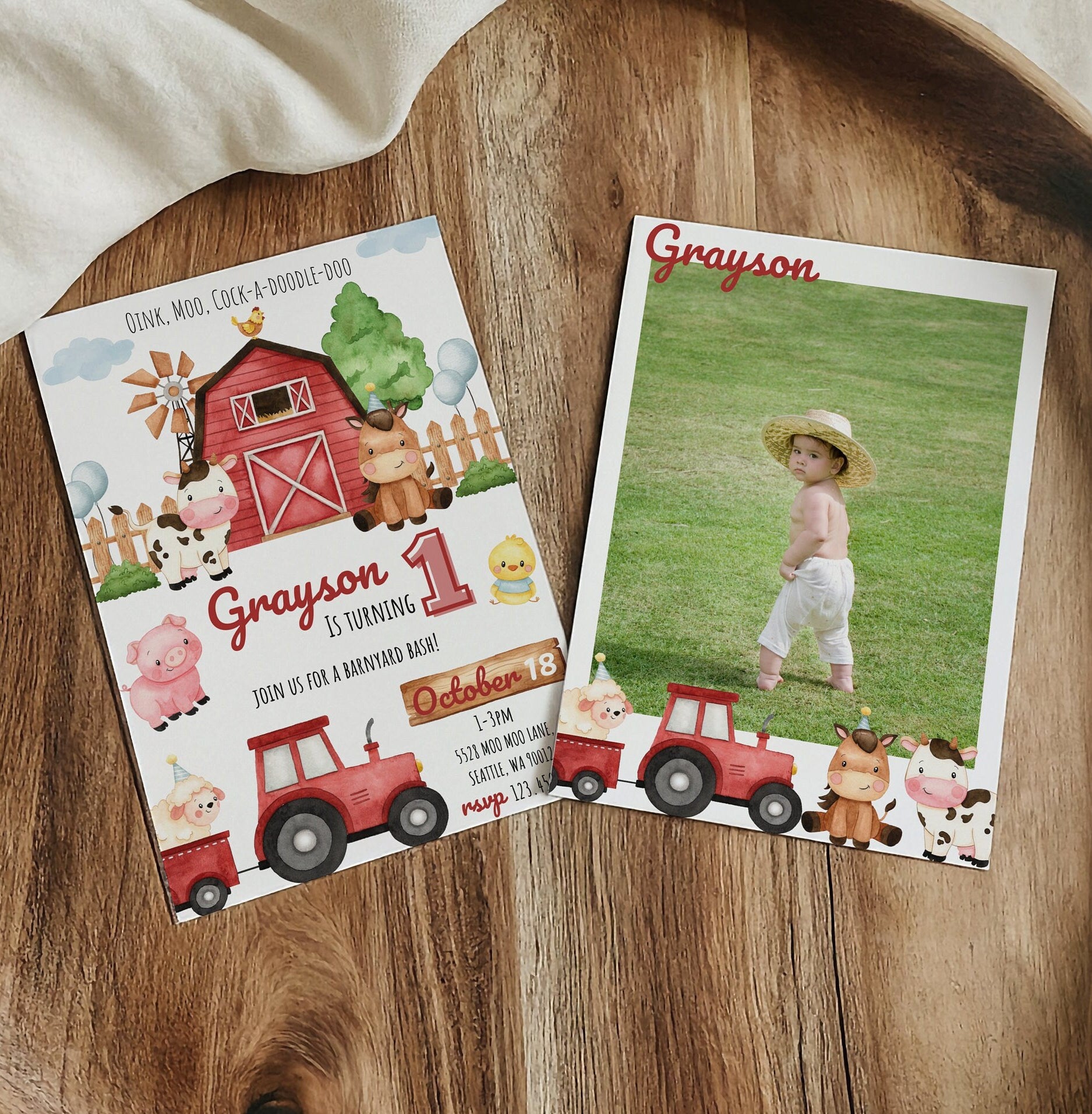 Two children's birthday invitations on a wooden surface, one with farm-themed graphics and the other with a photo of a child.