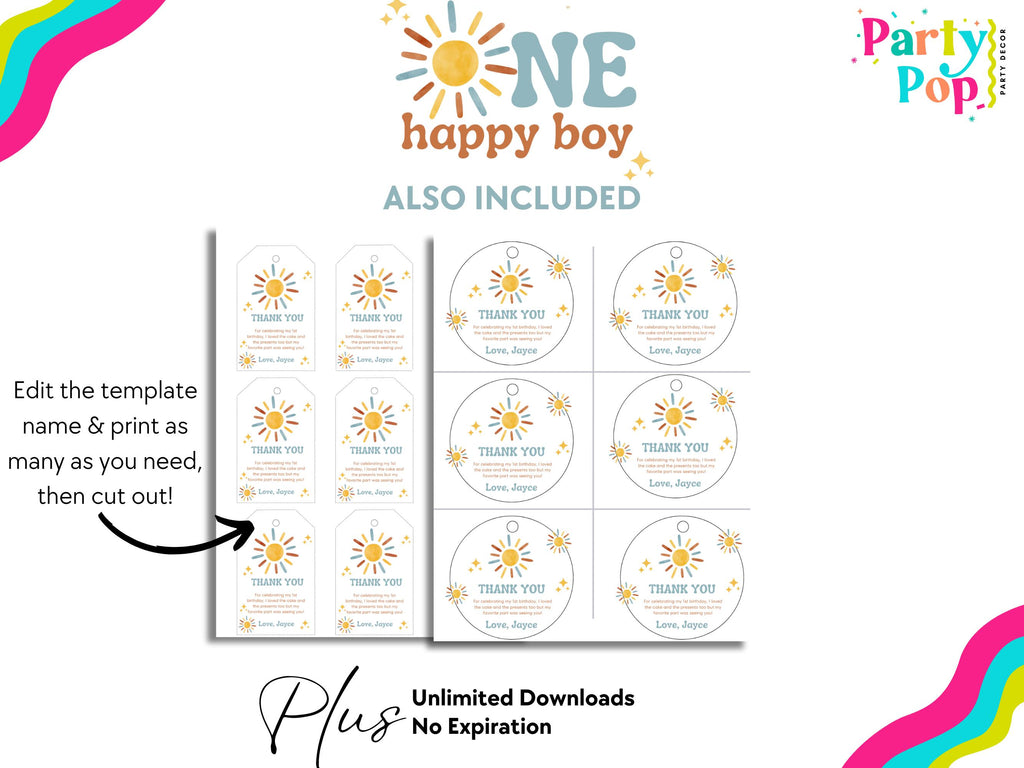 One Happy Boy Birthday Bundle - First Trip Around The sun Party Favors - Sunshine Theme - Digital Download