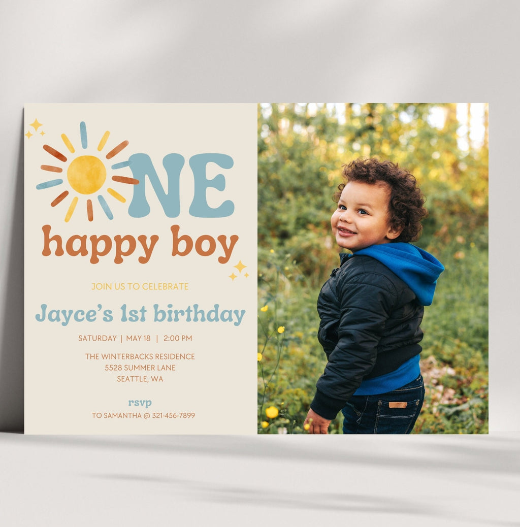 One Happy Boy 1st Birthday Photo Invitation - Digital Download