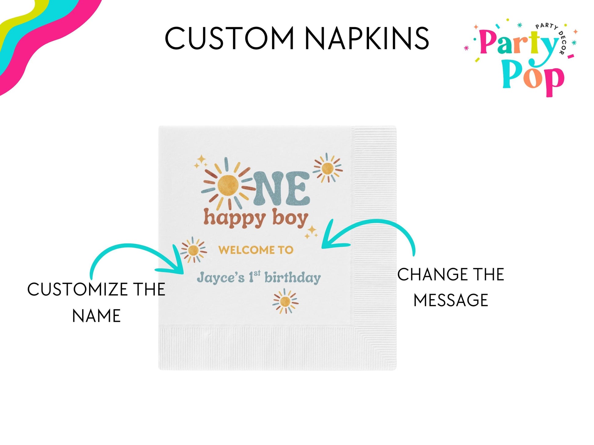 One Happy Boy Custom Napkins - Sunshine Boho Theme