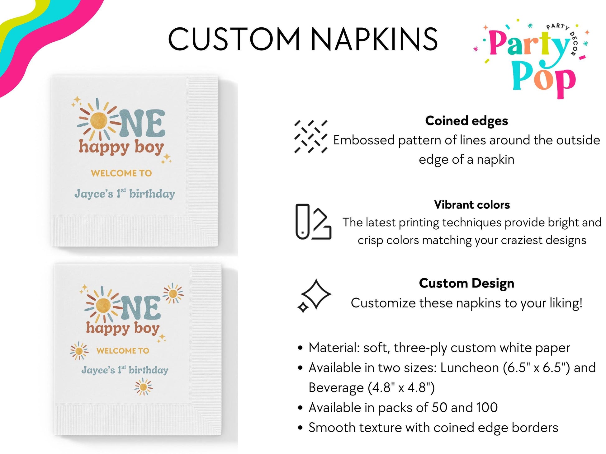One Happy Boy Custom Napkins - Sunshine Boho Theme