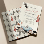 Race car themed birthday invitation with matching envelope on a beige background
