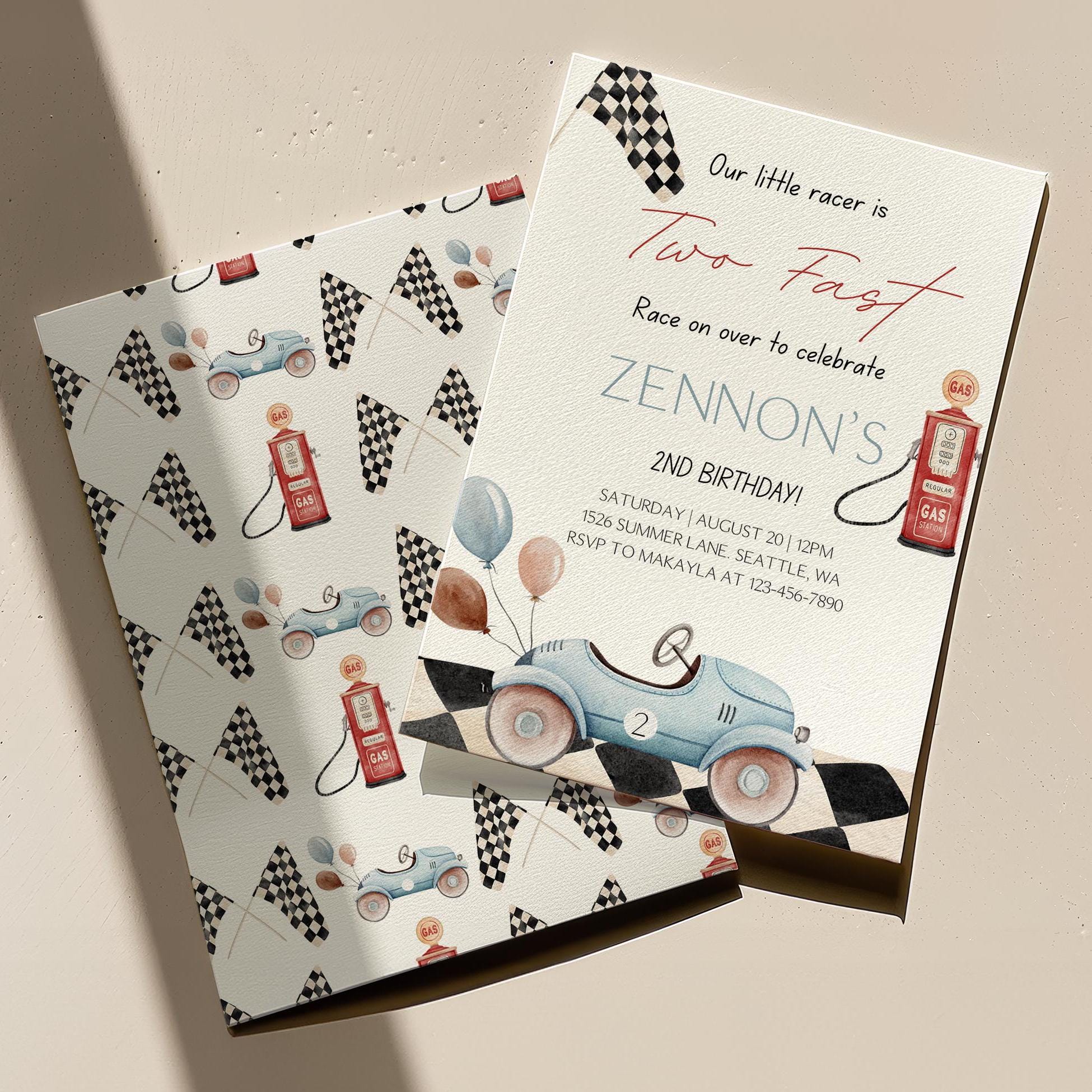 Race car themed birthday invitation with matching envelope on a beige background