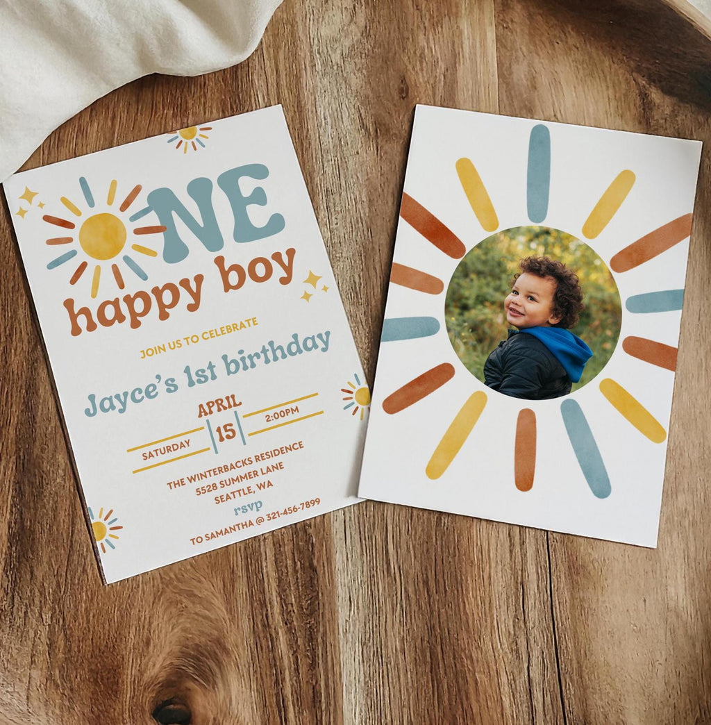 One Happy Boy Birthday Invitation - Boho Sunshine Theme - Digital Download
