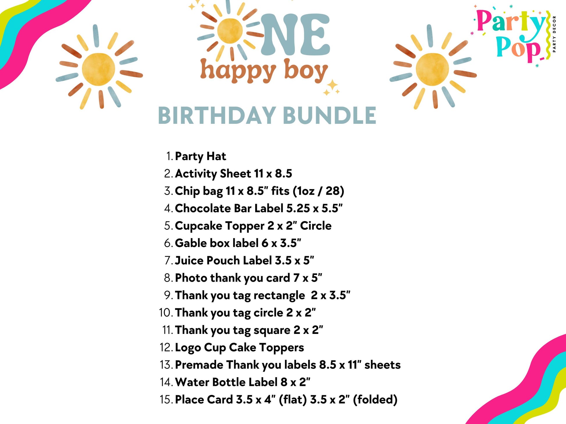 One Happy Boy Birthday Bundle - First Trip Around The sun Party Favors - Sunshine Theme - Digital Download